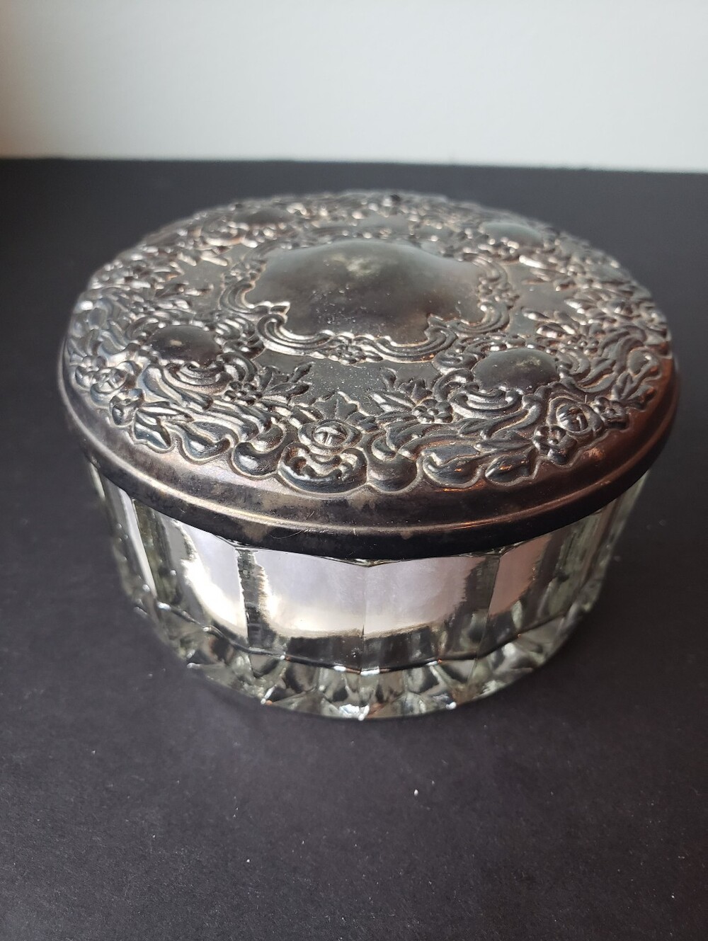 1980's Ornate Vintage Silver-plate Glass Powder Jar, Unused